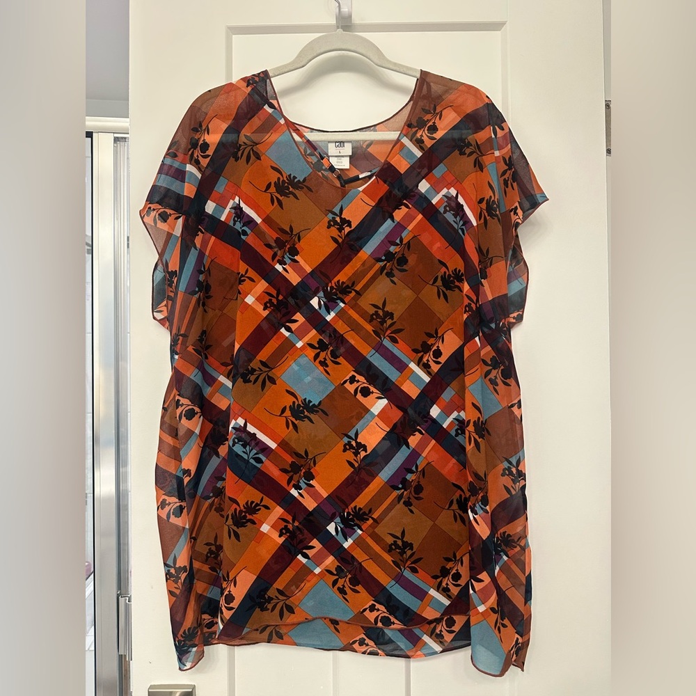 CAbi Orange and Blue Floral Plaid Blouse